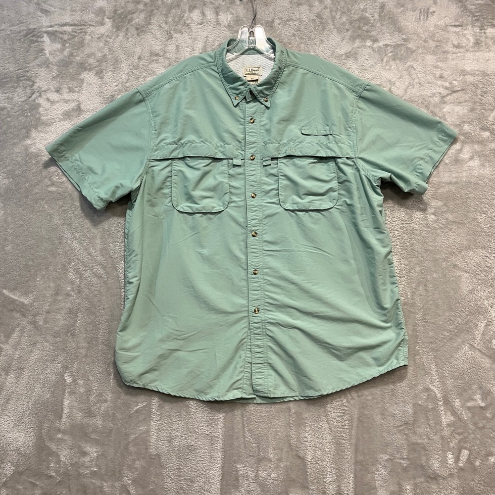 LL Bean Fishing Shirt Mens XL Green Short Sleeve Ventilated Mesh Back D210253